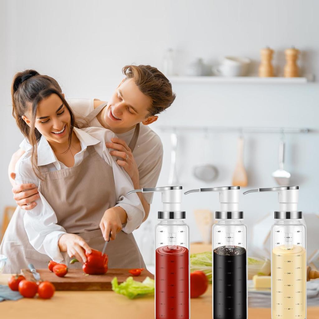 Sauce Pump Dispensers, Coffee Syrup Dispenser, 4 x 500ml Glass Bottle with Stainless Steel Pumps, Leak-Proof, Food Grade Pumps for Honey, Syrups, Oil,