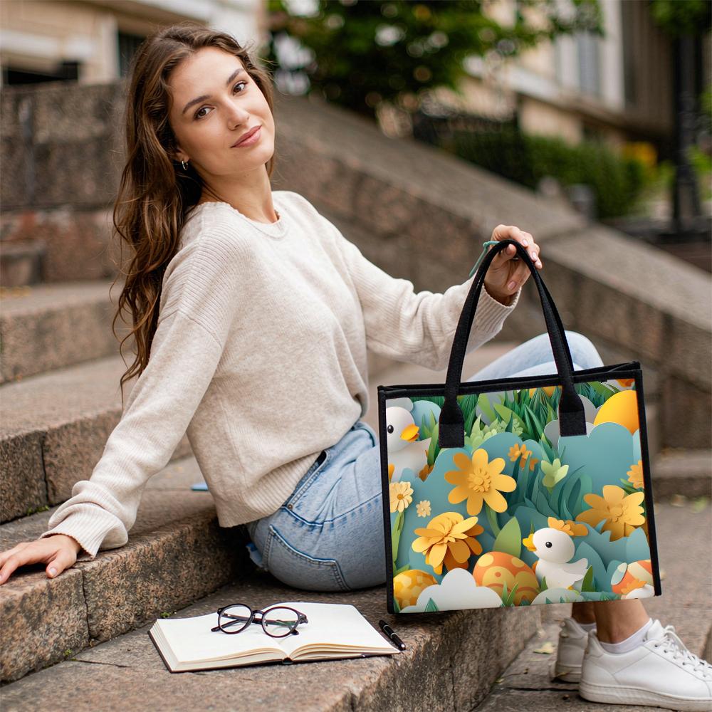 Cute Duck Floral Print Casual Tote Bag Lightweight Daily Reusable Shopping Handbag for Outdoor