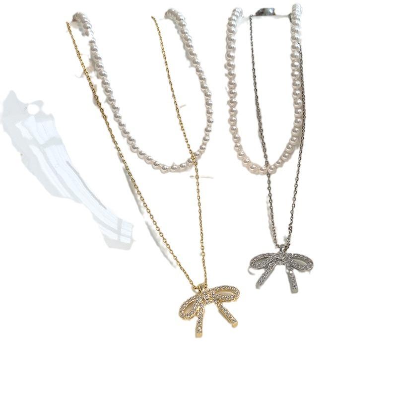 Bow Pearl Double-Layer Stacked Necklace Women'S Light Luxury Retro Elegant Fashion Exquisite Versatile Neck Chain Collarbone Chain