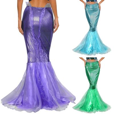 Women's Mermaid Costume Shiny Sequins Long Tail Halloween Party Maxi Skirts