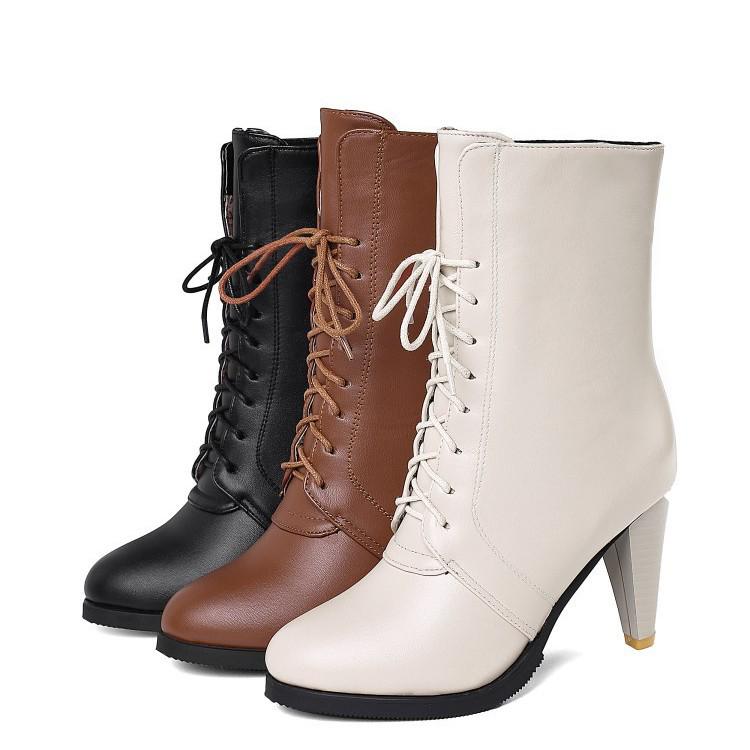 European & American Pointed Toe Lace-up Women's High Heel Ankle Boots, Autumn/Winter Plus Size, Sizes 34-45.