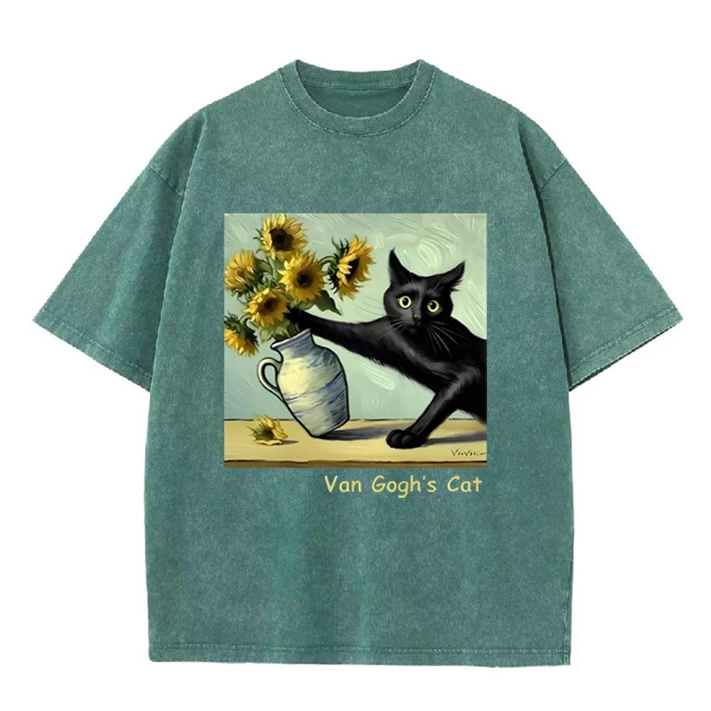2026 Unisex Van Gogh Cat Art Print T Shirt Cotton Loose Short Sleeve Funny Graphic Harajuku Streetwear Summer Casual Tops