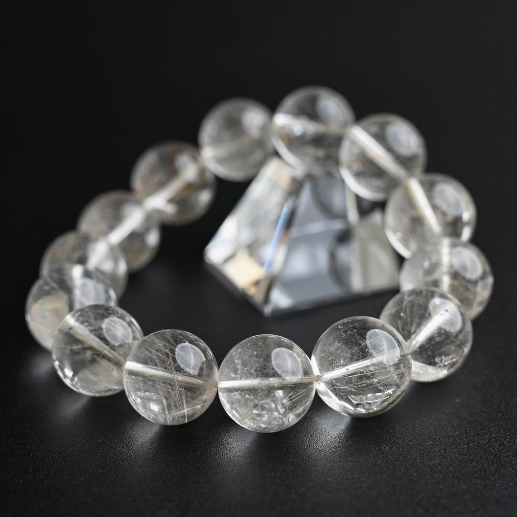 Eigado Silver Rutilated Quartz 16mm 18cm Wrist Limited Natural Power Prayer Good Luck Feng Shui Bracelet, Stone, Circumference, One-of-a-Kind,