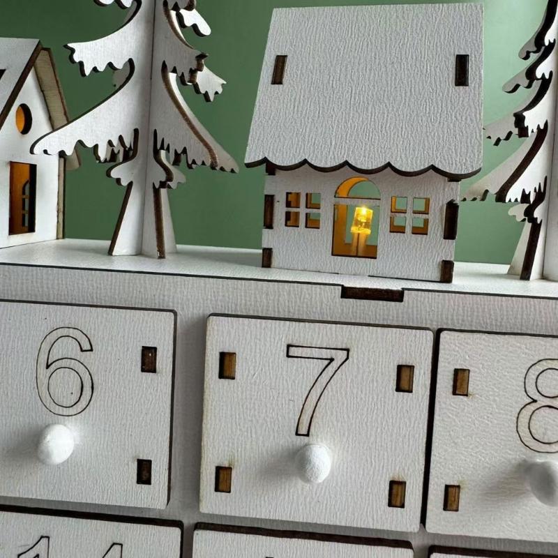 Wooden Advent Calendar with LED Village Lights, 24 Numbered Drawers for Daily Christmas Surprises Plus Seasonal Shelf Display