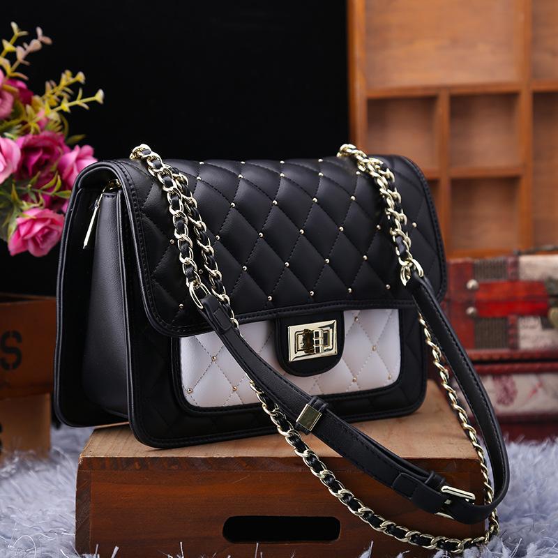 Leather Women's Bag, Fashionable Diamond-shaped Rivet Chain Bag, Versatile Single-shoulder Crossbody Small Bag