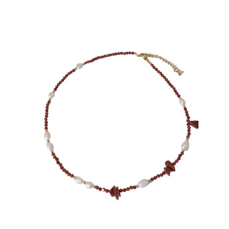Ethnic Style Freshwater Pearl Necklace with Gold Sandstone Beads - High-End Sweater Chain Jewelry