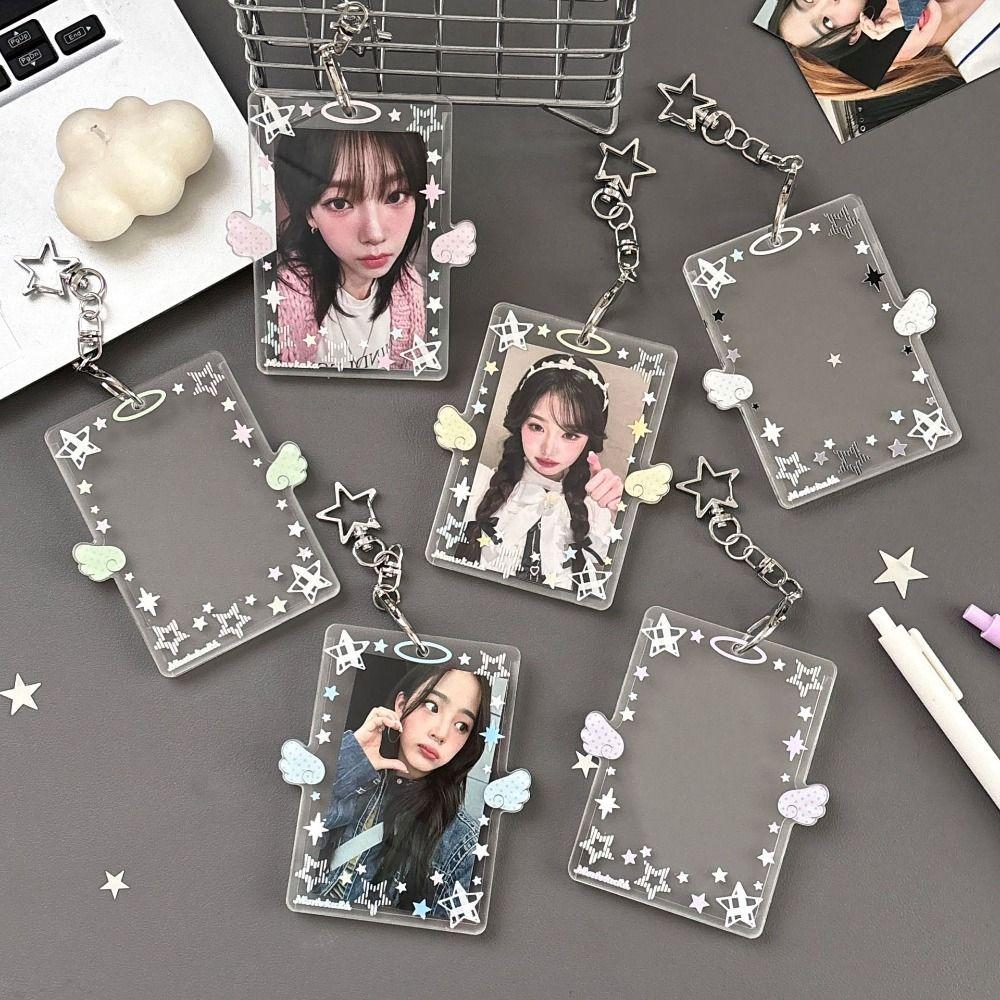 Clear Acrylic Photocard Holder 3 Inch Card Display Colorful Angel Wings Card Holder Bag Pendant Card Protector Bus Card
