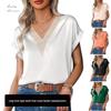 Women's Satin V-neck Lace T-shirt - Loose Short-sleeved European/American Style
