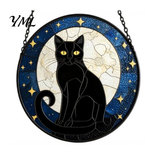 Interactive DIY Craft Set Halloween Moon Black Cat Suncatcher Jigsaw Puzzle, 2D Acrylic Mystical Feline Window Hanging Magical Girl Aesthetic