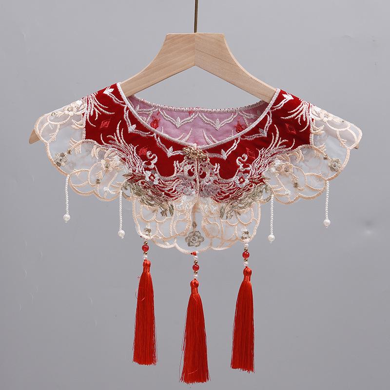 

Юбка с вышитыми кисточками от Yunjian для женщин: В комплект входит накидка в стиле ретро, шаль в стиле ханьфу, воротник с жемчужным акцентом и жилет. красный