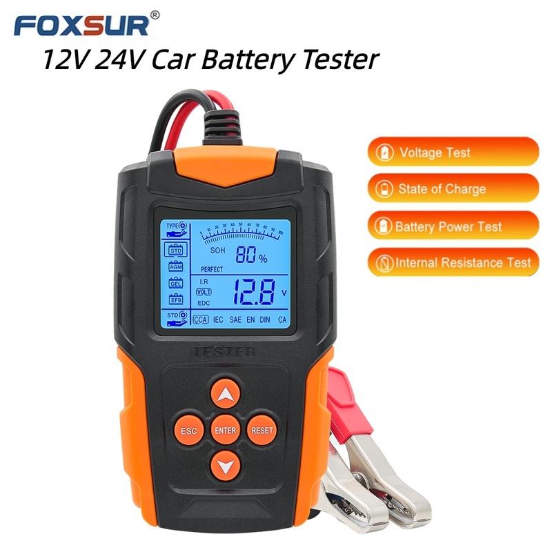 FOXSUR FBT200 12V 24V Car Battery Tester for Car Truck Motorcycle Digital Battery Analyzer Test Tool for AGM/GEL/Wet Battery