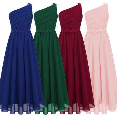 Girls One Shoulder Pleated Evening Wedding Party Long Maxi Maxi Junior Bridesmaid Dress Kids First Communion Dresses