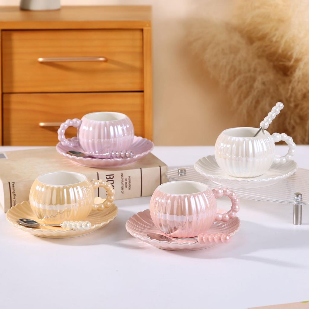 Light Luxury Creative Ceramic Coffee Cup Saucer Set Ins Pearlescent Glaze Ceramic Afternoon Tea Cup Saucer Set Cup with Spoon