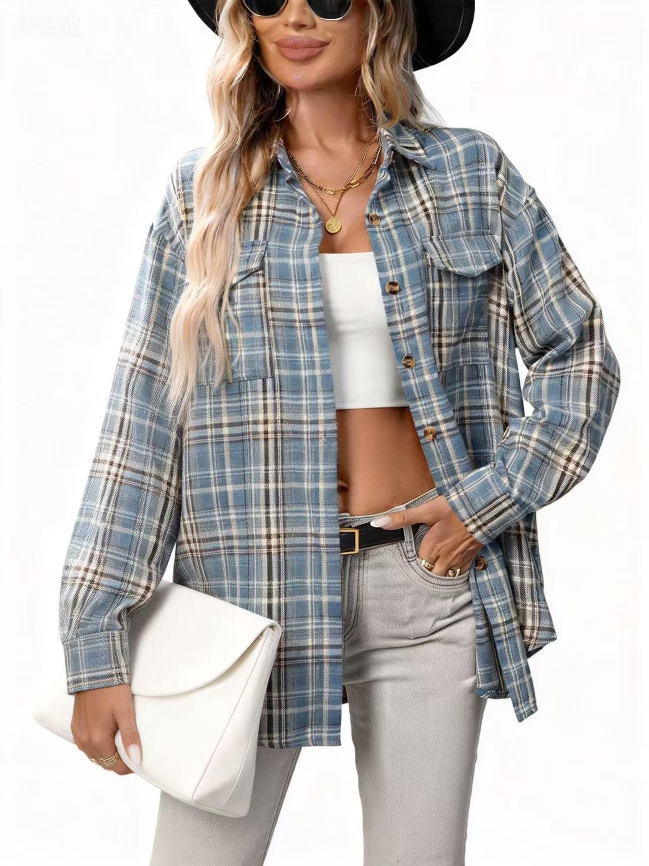 Женская повседневная клетчатая рубашка с карманами 2025 - Мода Осень/Зима XL