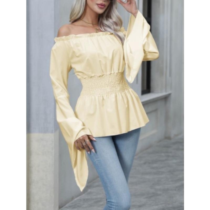 Módní Elegantní Dámská Blůza s Odkrytými Rameny Dlouhý Rukáv Plisovaná Slim Fit Elastický Pás Košile Kancelářský Streetwear Ležérní Jednoduché Sladké Jednobarevné Topy