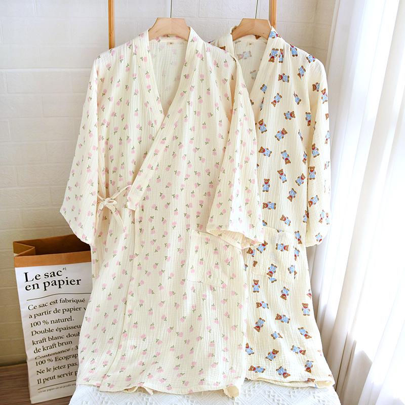 2023 Damen Krepp Double Gauze Kimono Nachthemd - Langärmlig, Locker sitzend Homewear Bademantel