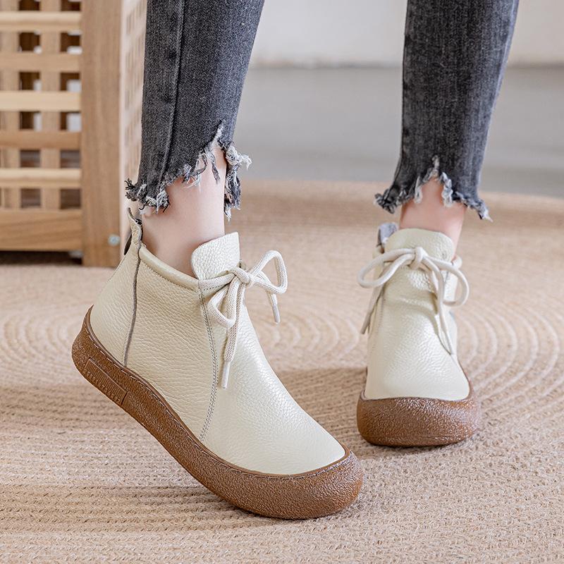 Fashion 2025 Winter Genuine Leather Boots Women's High Top Laced Up Flats Woman Warm Short Plush Boot Ladies Orthopedic Shoe Ankle Boots