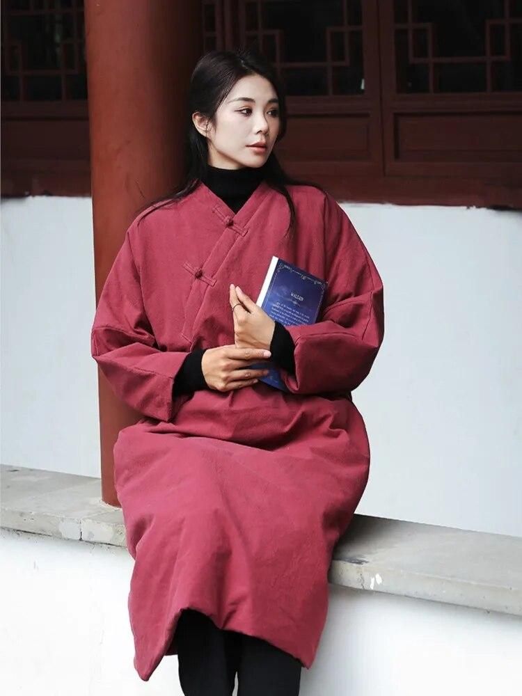 

Johnature женские парки в китайском стиле с v-образным вырезом и семью рукавами, винтажное пальто, однотонная одежда трапециевидной формы, зимние парки One Size темно-красного