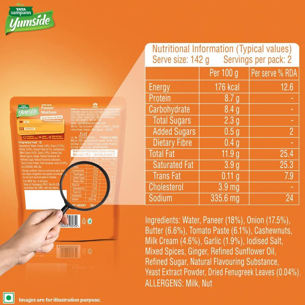 Tata Sampann Yumside Delhi Style Paneer Makhani | Ready To Eat Meal | Heat In 60 Secs I Serves 4 Pax | Pack of 2 | 285g X 2