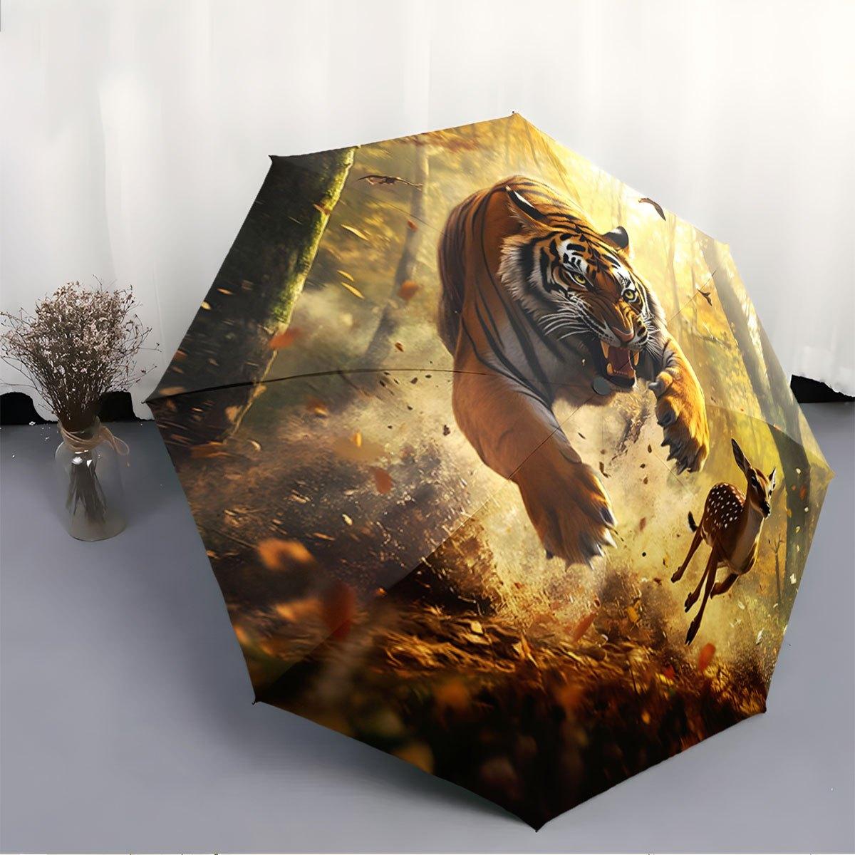 

Automatic Folding Umbrella A tiger chasing a deer in a forest. Portable collapsible design, casual outdoor accessory, for all Iron&8K