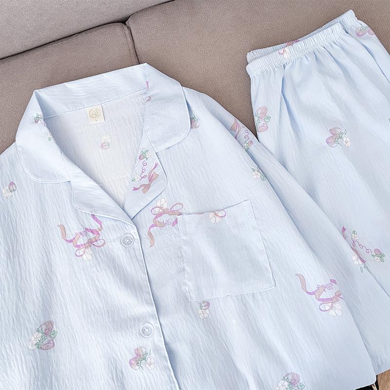 Bow Tie Flower Print Pajamas Woman Simple Casual Soft Spring Home Suit for Women Long Sleeve Lapel Neck Nightwear