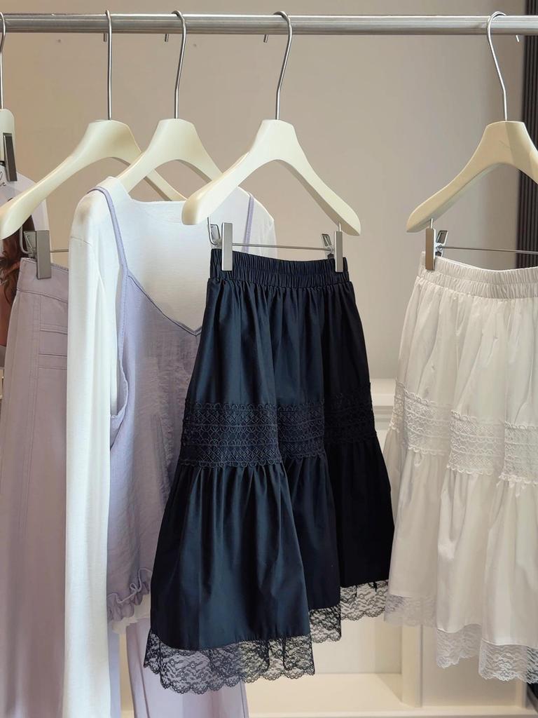 High-Waisted A-Line White Lace Crochet Midi Skirt for Women - Slimming, Petite, Fluffy Summer Style