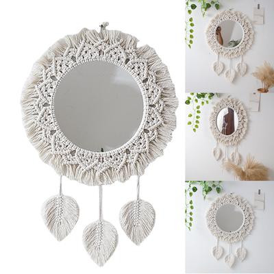 Hanging Wall Mirror with Boho Fringe Round Decorative Mirror for Apartment Living Room Bedroom Home Decor Leaf Style