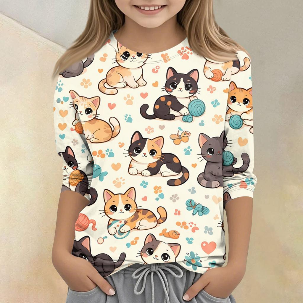 Children's Printed Round Neck Seven Quarter Sleeve Casual T-shirt
