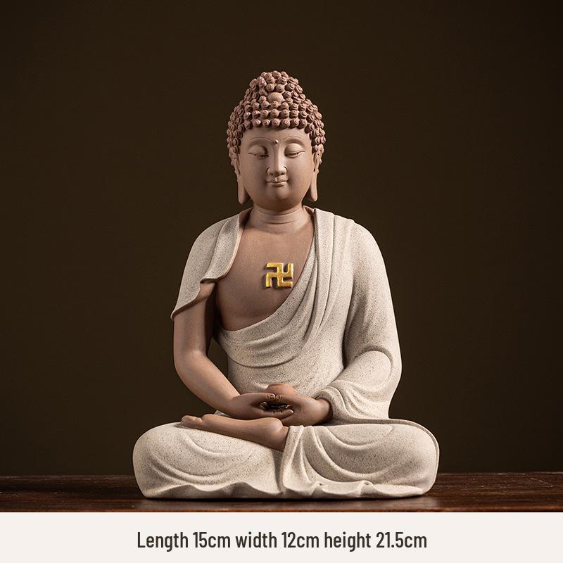 Keramik Shakyamuni Buddha Statue - Wohnzimmer Kunstwerk mit den Drei Heiligen und Lichtkreis Design