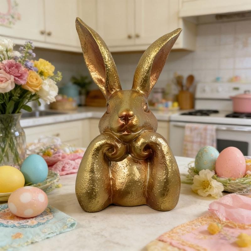 Figura de Coelho Dourada Antiga Envernizada Elegante Exibição de Primavera Artesanal Sazonal Acento para Casa Para Sala de Estar Quarto
