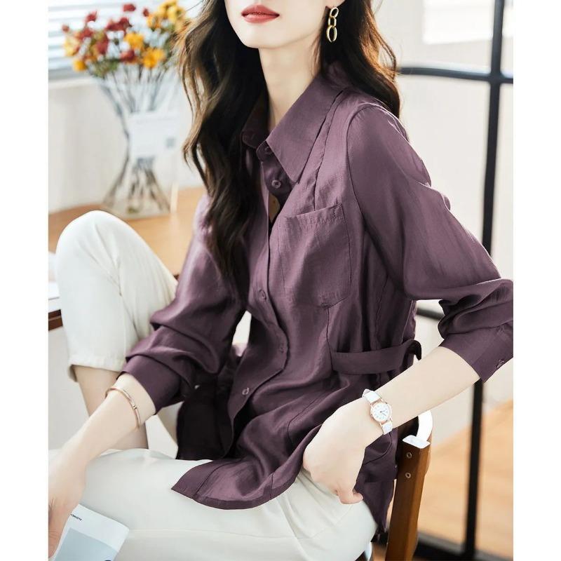 High-end New Solid Color Lace-up Fashionable Casual Lapel Long-sleeved Shirt for Women