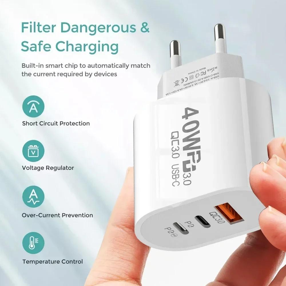 40W 2 PD and 1 QC 3.0 Port Fast Charging Power Adapter USB Type C Wall Charger US/EU Plug For iPhone Samsung Xiaomi Quick Charge