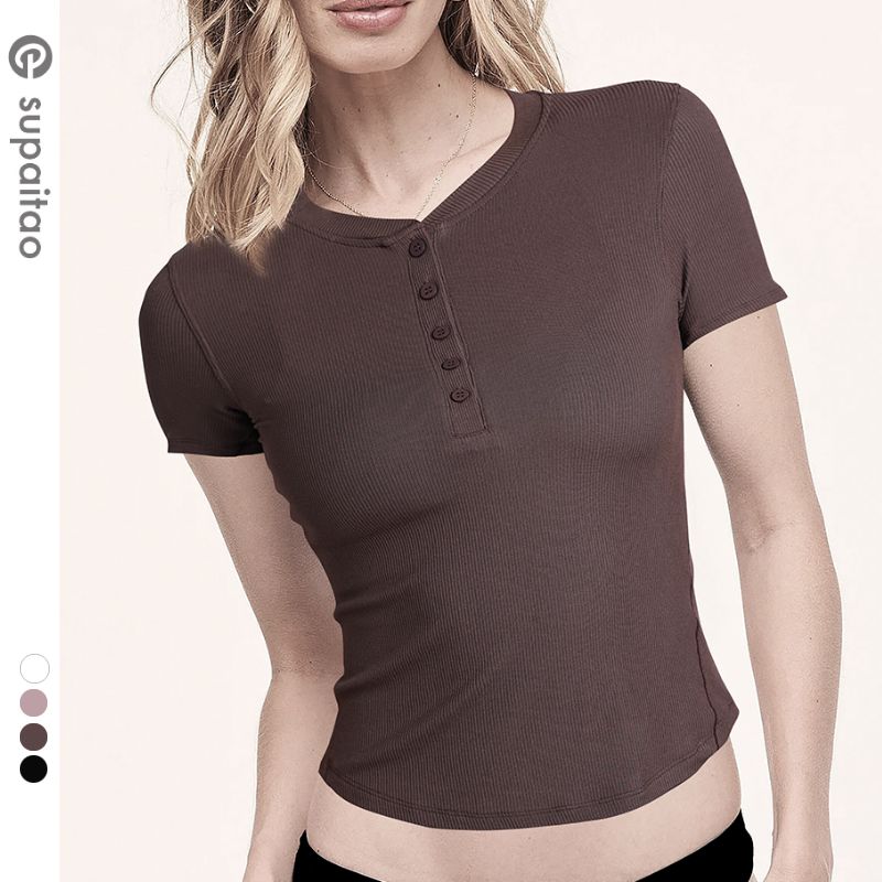 

Clearance Non-Exchangeable Non-Returnable] Thread Short Sleeve Yoga Jacket Silm Slim Looking Henley Shirt Workout Clothes Sports T-Shirt Female Summer Espresso S