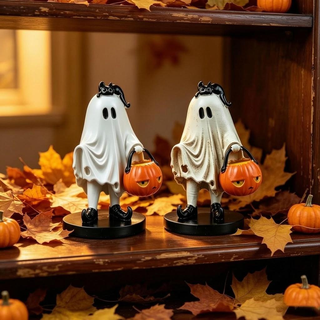 Halloween Ghost Figurine with Pumpkin Basket Resin Sculpted Decor for Shelf Display