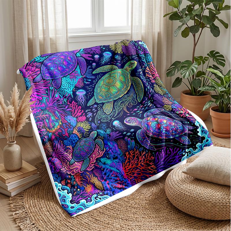 Oceanic Sea Turtle Adventure Theme Blanket Lightweight Warm Flannel Blanket Decorative Throw Blanket for Home Decoration