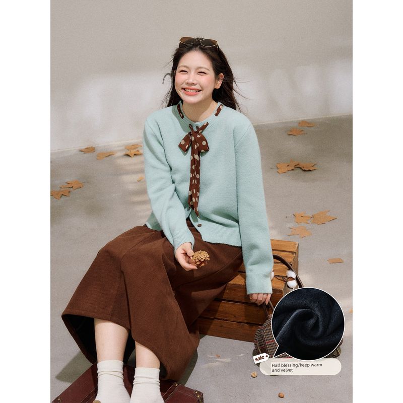 Zhang Ren Plus size women clothing Chubby Korean Series Slimming Fresh Green Sweater Outerwear Deep Coffee Color Long Skirt Set