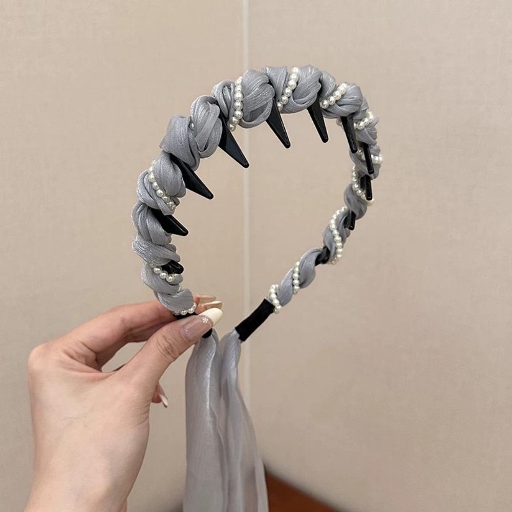 U Shape Satin Fabric Hair Bands Adjustable High Top Headpiece Non Slip Pearl Hair Band Tooth Comb Fabric Ribbon Hair Hoop