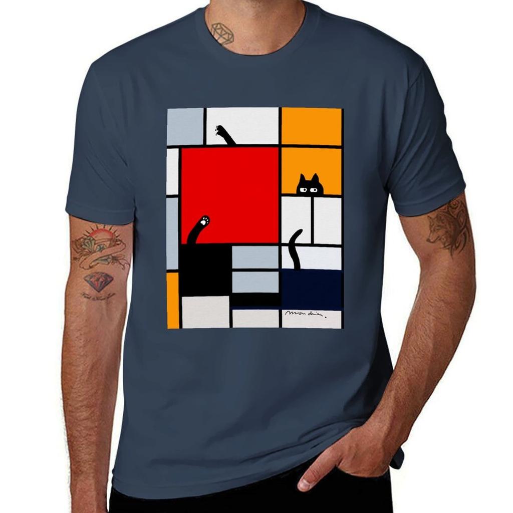 mondrian painting plus cat TShirt Work Daily Short Sleeve Top TShirt