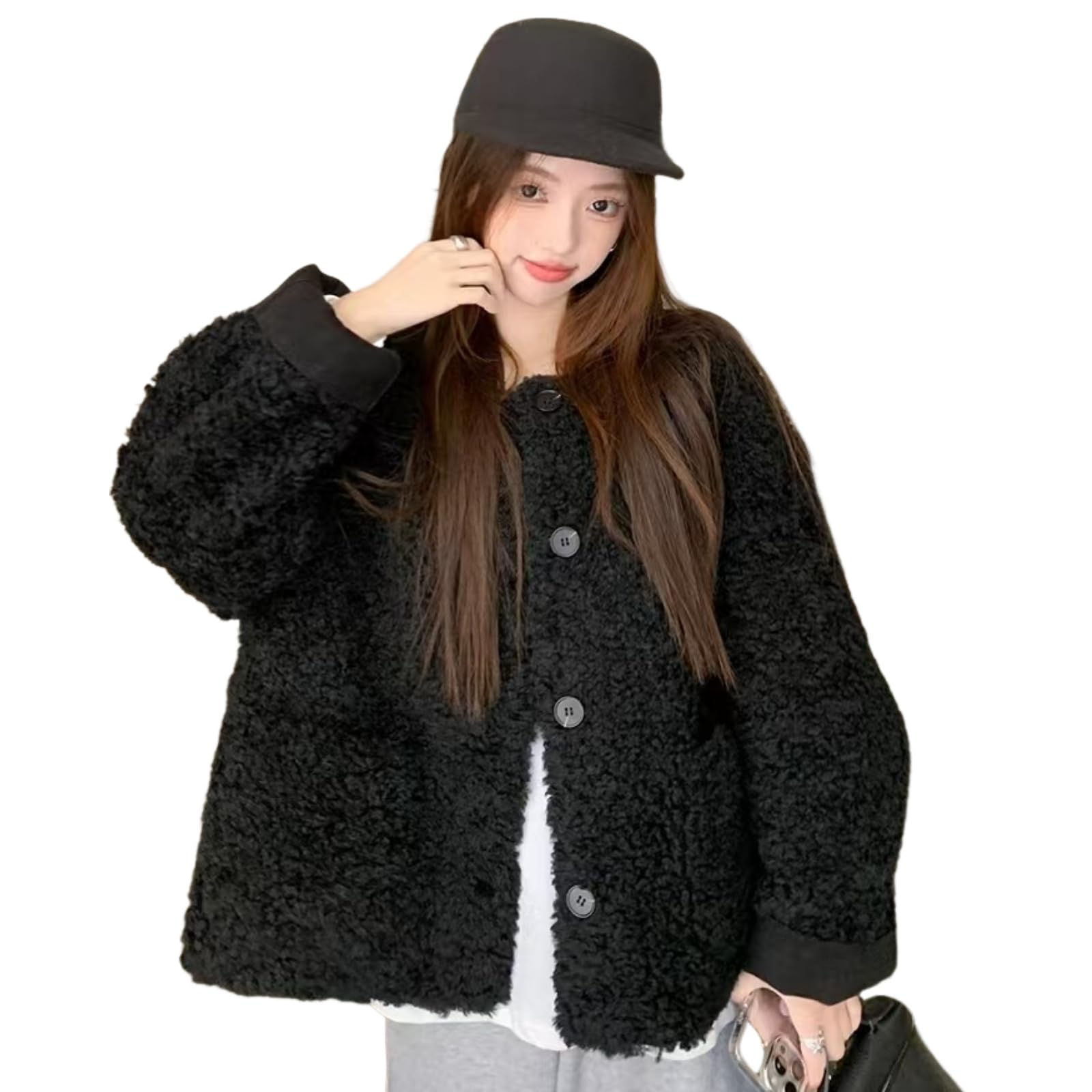 

inotenka Boa Погода Холодная Boa Флис Милая и Элегантная Верхняя одежда для и Свободная Корейская Короткой Длины Женская Куртка, Куртка, Пальто, Блузон, Куртка, чёрный