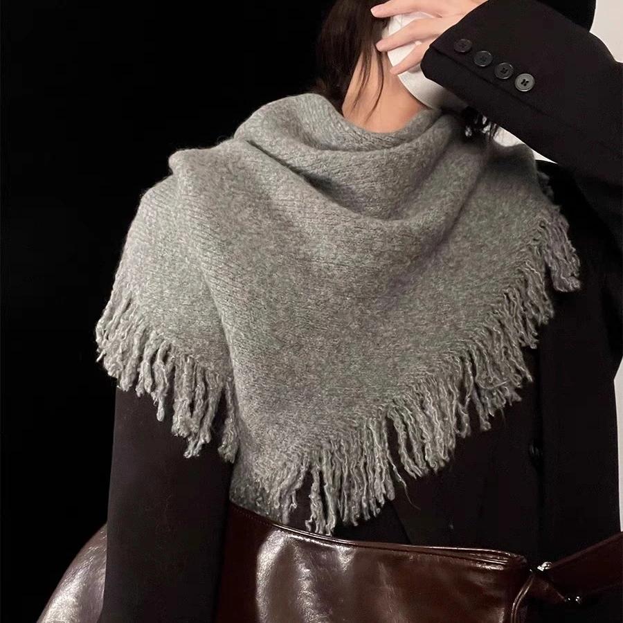 Korean High Quality Wool Blend Tassel Triangle Scarf For Women Coat Outwear