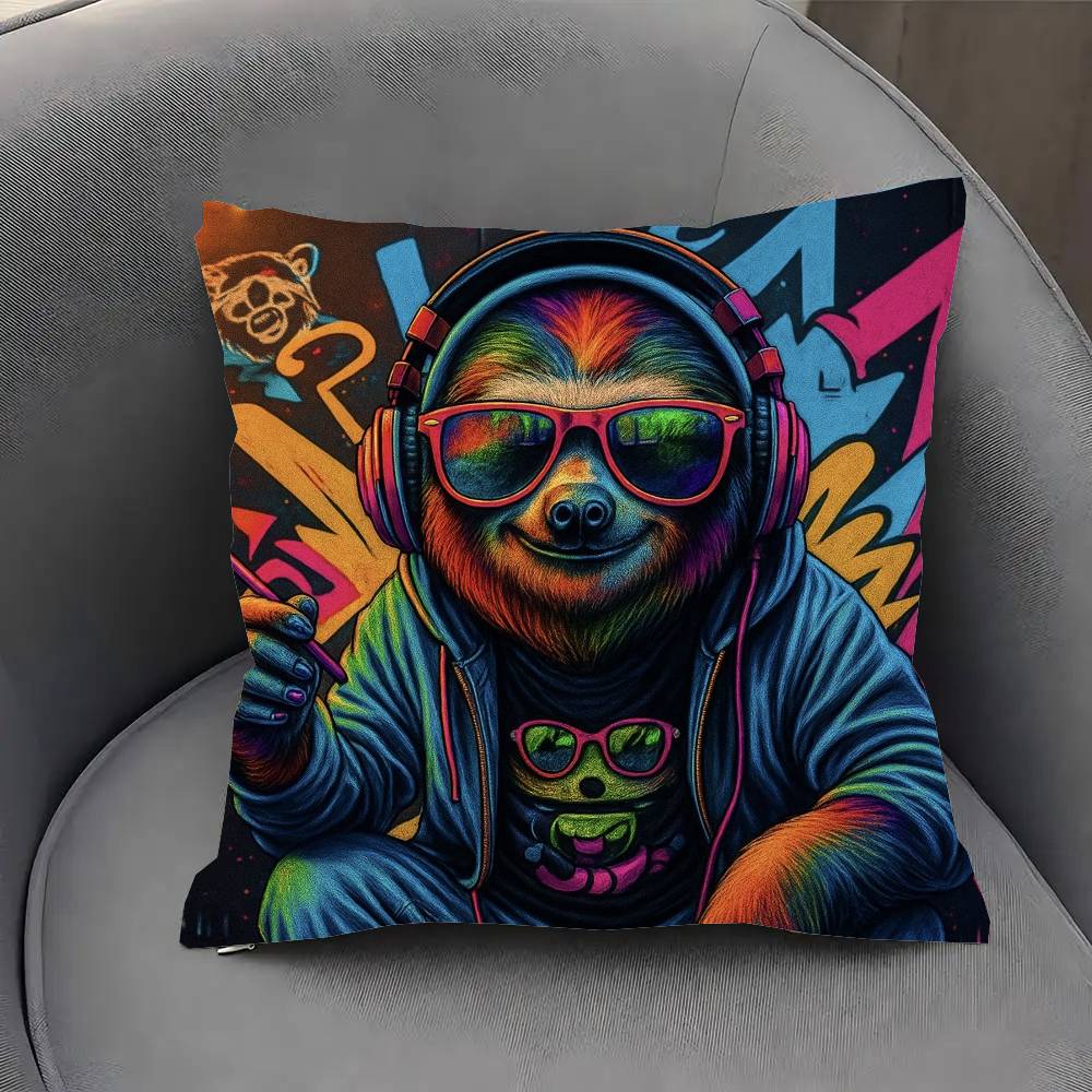 Funny Sloth DJ Pillow Case Sofa Cushion Cover Room Home Decoration