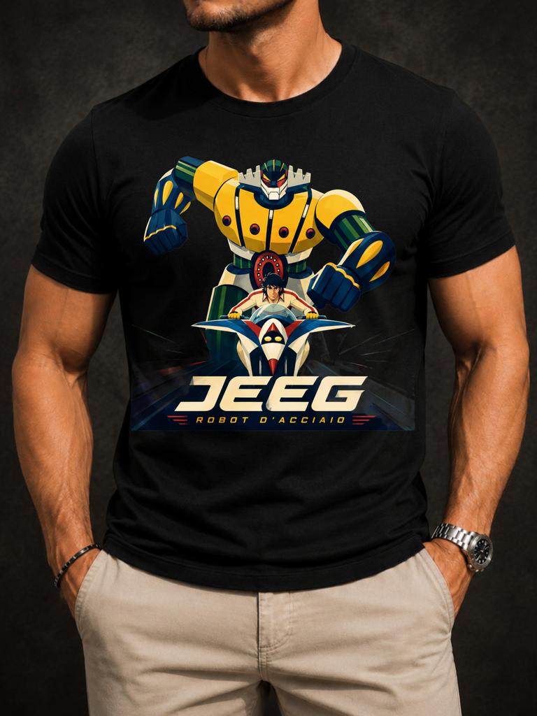 Sk Robot D Acciaio With Yellow Giant Robot Pilot Pod Metallic Jeeg Logo And Dark Motion Glow Mes Unisex All TShirt