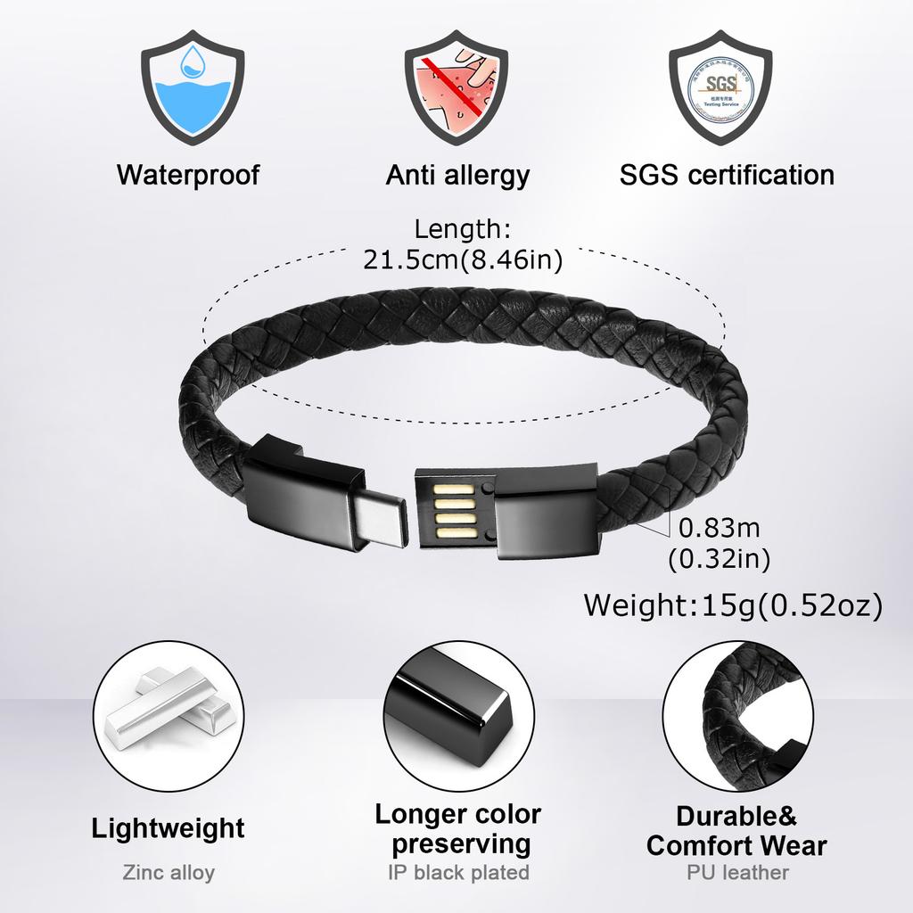 Leather Rope Bracelet for Men Boys,Black Charging Cable Wristband,Simple Convenient Jewelry Gifts