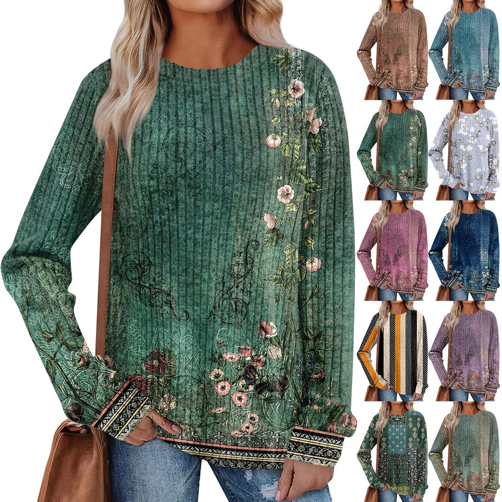 Women's Printed Lightweight Brushed-Cotton Round Neck Top