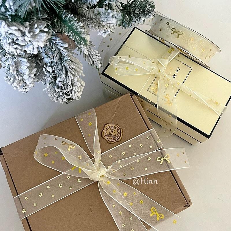 10Yards/Roll Hair Bows DIY Craft Gold Foil Snow Yarn for Gift Wrapping 2.5cm Organza Ribbon Printed Silk Ribbons