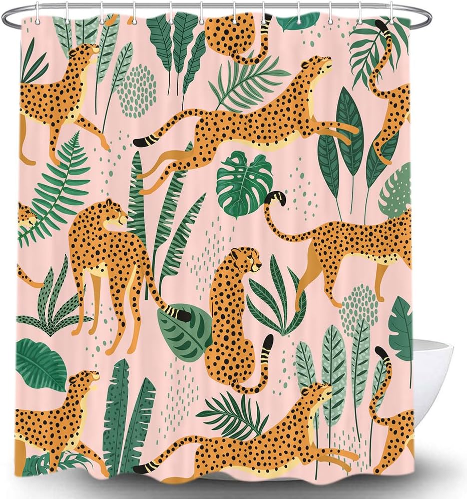 Pink Cheetah And Green Leaves Pattern Waterproof Shower Curtain 180X200Cm - Jungle Animal Print Bath Curtain For Kids Room Decor