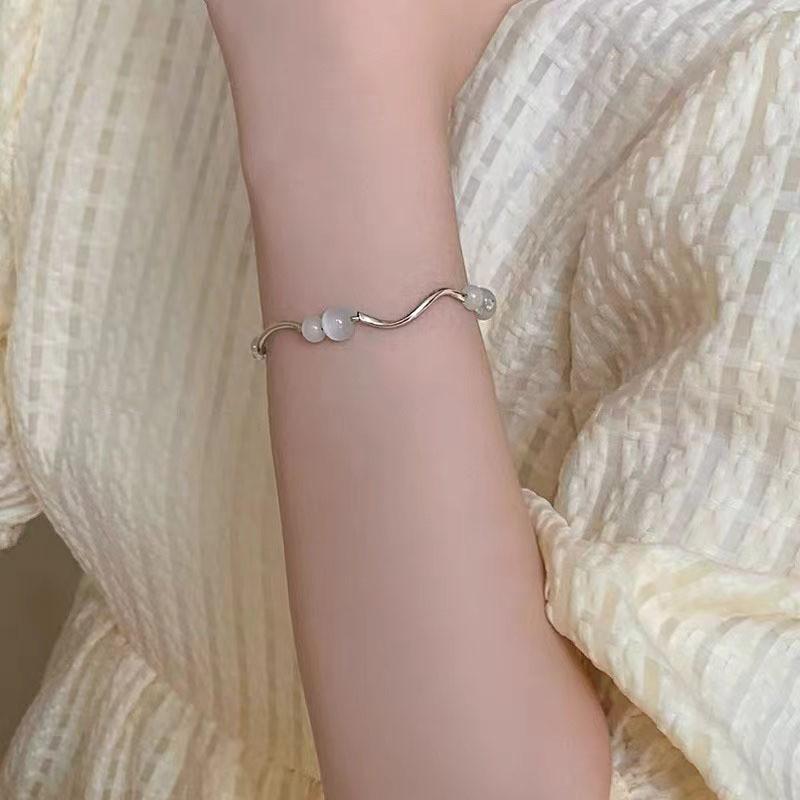 Cat Minimalist Eye Stone Beaded Bracelet For Women Irregular Steel Titanium