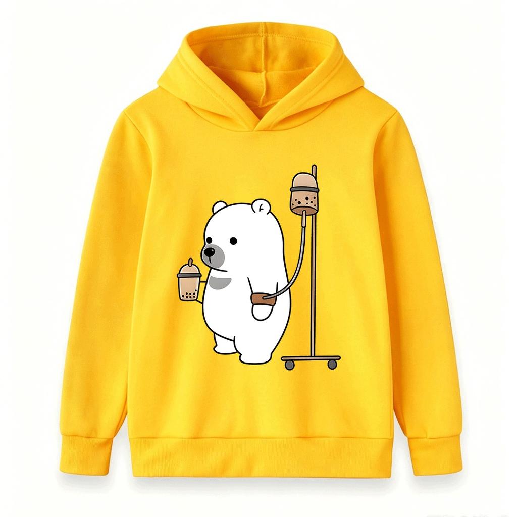 Kids Unisex Boys Girls Hooded Sweatshirt, Cute Cartoon Polar Bear Drink Bubble Tea Print Casual Pullover Hoodie, Soft Cozy Long Sleeve Tops for Daily