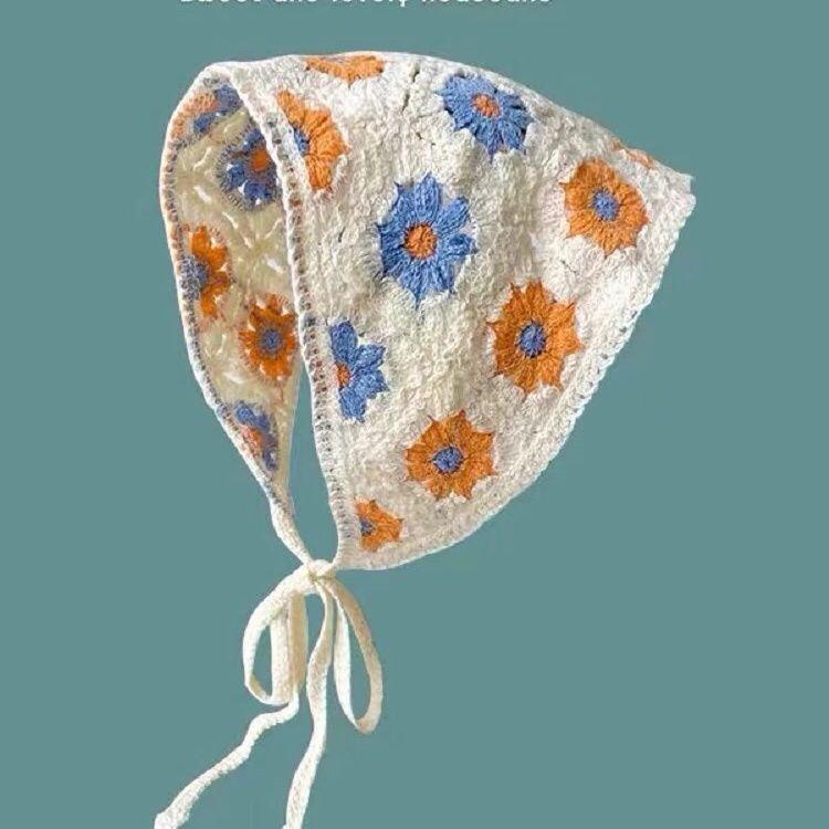 Korean Style Knitted Crochet Triangle Scarf: Women's Sweet Flower Headscarf Hat