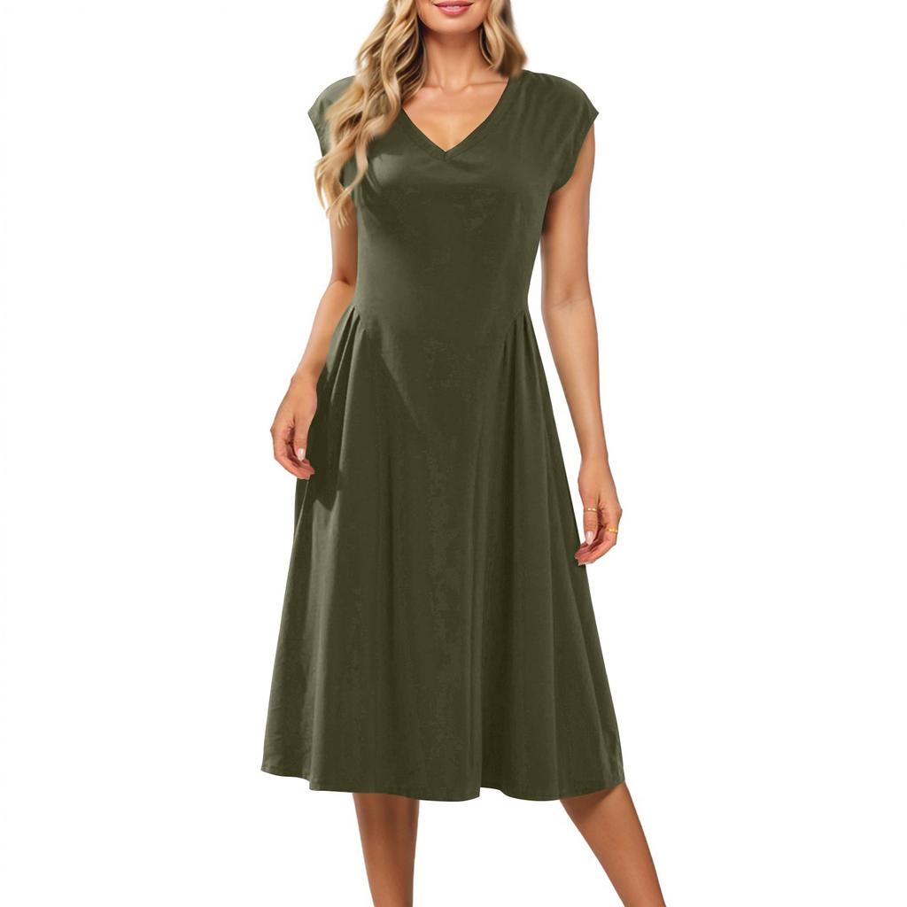 Damklänning med kort ärm, enfärgad, V-ringad, ärmlös, patchwork, plisserad, smal passform
